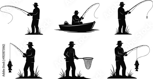 Fishing silhouettes collection with angler casting rod catching fish and boat scene isolated on white background vector set