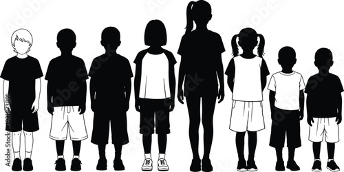 Children silhouettes standing together isolated on white background diverse boys and girls vector illustration collection set