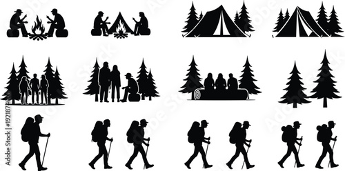 Camping and hiking silhouettes with tents campfire pine trees and backpackers isolated on white outdoor adventure vector set