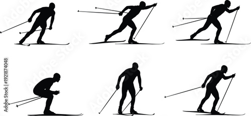 Cross country skiing silhouettes collection with winter sport athletes isolated on white background dynamic nordic ski vector set