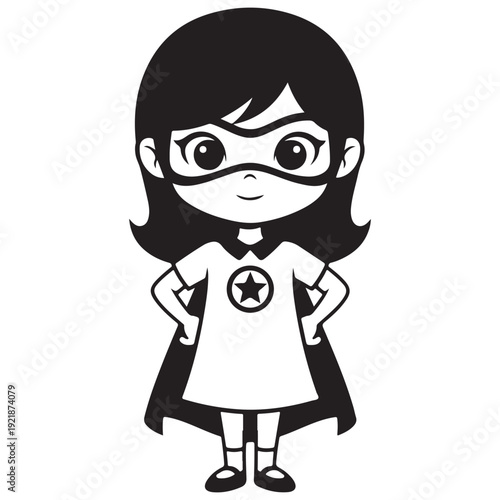 Cute Superhero Girl Character Design, Black and White Illustration