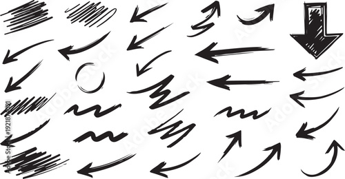 Creative arrows in grunge style, vector collection, beautiful and stylish. Bold arrows, graphic set of isolated elements from brush strokes, thick pointers isolated 