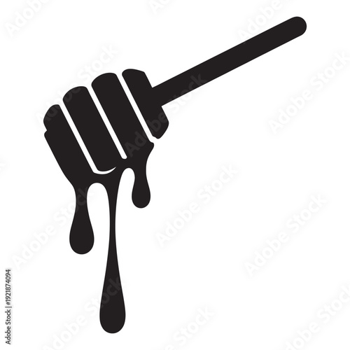 Honey Dipper and Dripping Honey Icon, Black Silhouette Vector, Honey Stick Illustration for Food and Kitchen Design