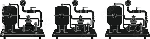 Industrial pump system silhouettes with pressure gauge and pipes isolated on white background mechanical equipment vector illustration set