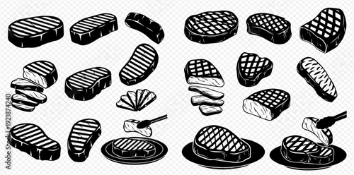 A diverse collection of grilled beef steak illustrations in a monochrome vector style.