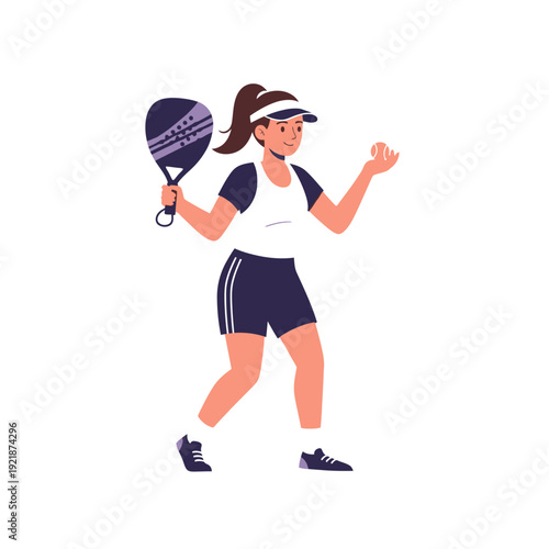 Woman playing padel tennis, holding racket and ball, ready to serve, active lifestyle