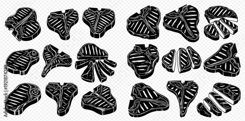 A diverse collection of grilled beef steak illustrations, including T-bone and sirloin cuts, in a vintage black and white woodcut style.