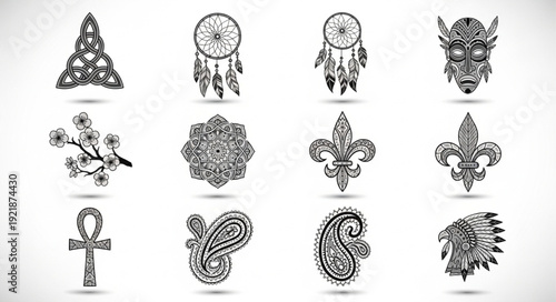 Collection of Tribal Symbols and Ornate Designs.