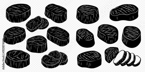 A collection of various grilled beef steak cuts illustrated in a black and white graphic style.