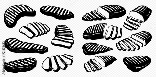 Hand-drawn collection of grilled and sliced meat steaks in a monochrome sketch style on a transparent background.