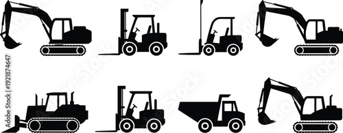 Construction machinery silhouettes set with excavator forklift bulldozer and dump truck isolated on white background vector illustration collection