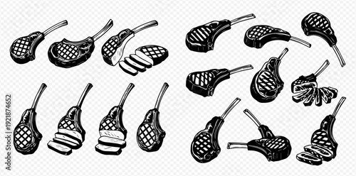 Set of hand-drawn grilled lamb chops and ribs in a sketch style on a transparent background.