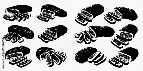 A set of various sliced beef steaks and roasts in a graphic, black and white illustration style.