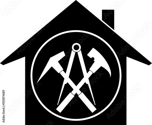 Haus und Werkzeuge, Dachdeckerwerkzeuge, Dachdecker, Logo, Icon, Aufkleber