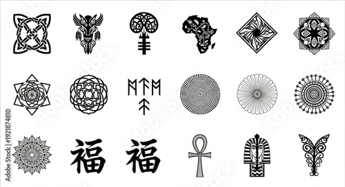 Collection of diverse cultural symbols and icons.
