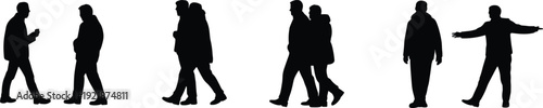 Walking men silhouettes set with urban casual poses and gestures isolated on white background vector illustration collection