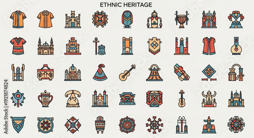 Collection of ethnic heritage symbols and cultural icons.
