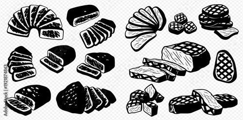 A hand-drawn monochrome collection of butchery meats like beef, pork, and ham, shown sliced and whole.