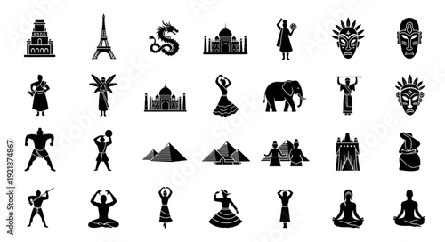 Collection of Diverse Silhouette Icons Representing Culture and Travel.
