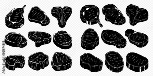 A diverse collection of beef steak cuts illustrated in a black silhouette style.
