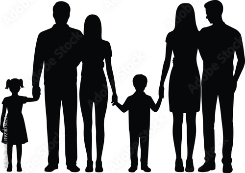 Family silhouettes with parents and children holding hands together isolated on white background vector illustration concept