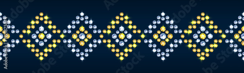Horizontal seamless geometric border of white and yellow gemstones on a blue background. Jewelry design. Vector image.