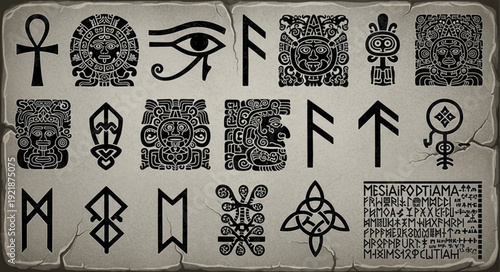 Collection of ancient symbols and runes on a stone tablet.