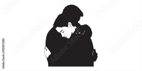 Black silhouette illustrations of people hugging and showing affection on hug day against a white background with simple designs and clean lines