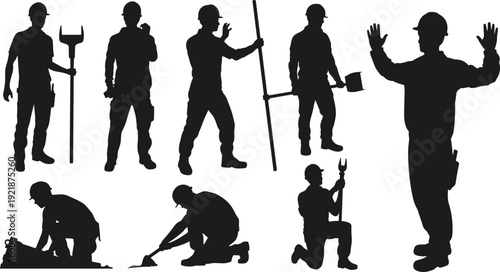 Construction worker silhouettes set with tools, engineers and builders in various poses isolated on white background vector illustration