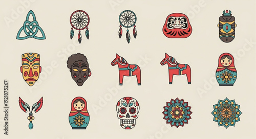 Collection of cultural symbols and folk art objects.