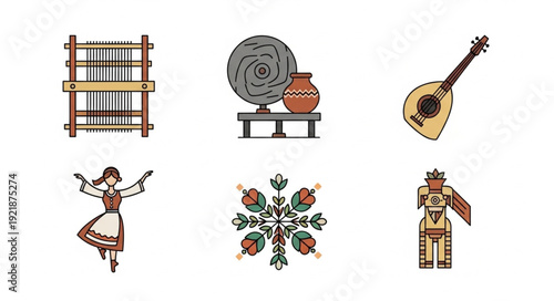 Collection of traditional cultural icons and symbols.