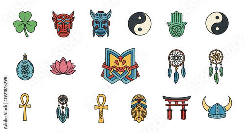 Collection of diverse cultural symbols and icons.