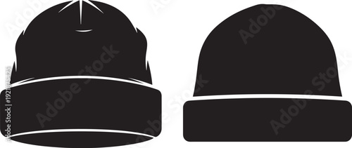 Silhouettes of two beanies or knit caps, one with a textured top and the other smooth, symbolizing winter warmth, casual fashion, and urban style.
