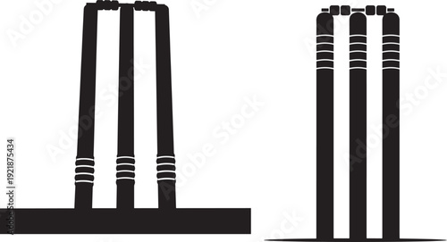 Silhouettes of cricket stumps and bails, representing the sport of cricket, game equipment, and competition on a pitch.