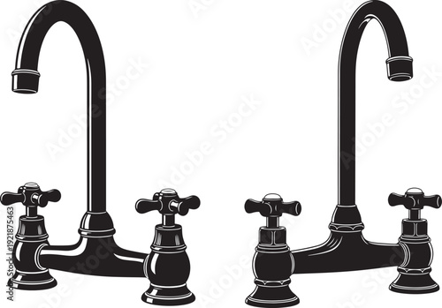 Vintage black and white illustration of two classic, ornate faucet taps with curved spouts and cross handles, symbolizing water supply.