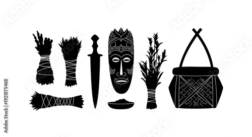 Collection of African tribal artifacts and cultural symbols.