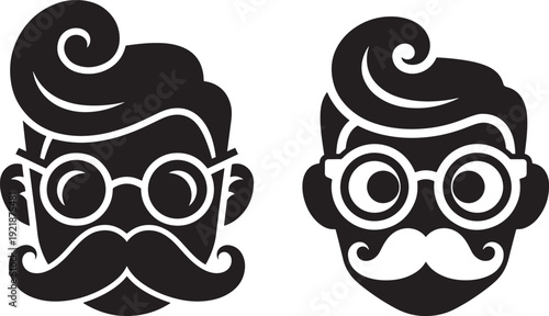 Stylized black and white vector icons of two hipster male faces with mustaches, round glasses, and distinct hairstyles.