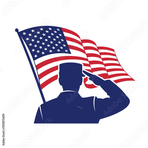 Soldier Saluting American Flag Waving - Patriotism and Military Service