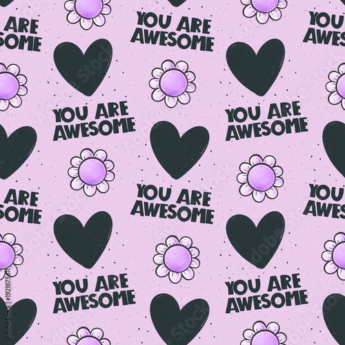 Seamless pattern with cartoon hearts, hand drawn lettering, decor elements. Colorful illustration flat style. hand drawing.  Romantic design for print, wrapper, fabric.