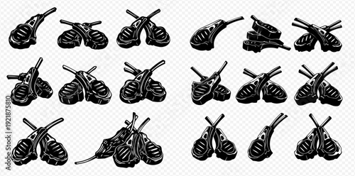 A collection of illustrated lamb rib chops in a vintage woodcut or engraving style.