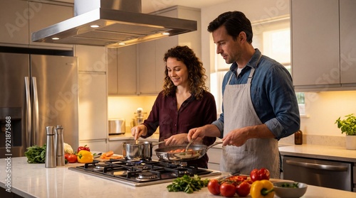 Happy couple cooking a meal together in a bright, contemporary kitchen, stirring ingredients in pans on a gas stovetop with fresh vegetables on the counter.