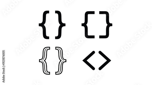 Black coding symbols on a white background, featuring curly and square brackets with angle brackets.