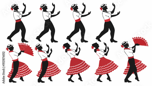 Dynamic Latin Dancers Silhouette Set Festive Caribbean or Flamenco Performance for Cultural Event Promotion or Travel Web Design