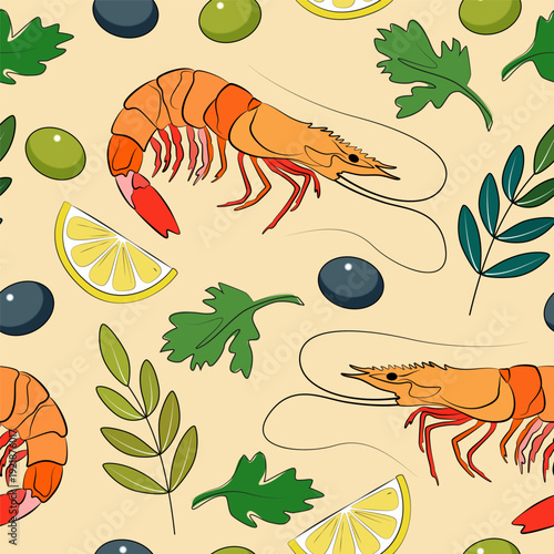 Shrimp with olives and lemon seamless pattern, orange background. Boiled orange shrimps, a seafood icon. Food menu design. Bright sketch Shrimp. Seafood, marine life, flat drawing, vector illustration