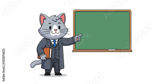 Cartoon illustration of a gray cat in a business suit pointing at a green chalkboard while holding a book against a clean white background with a playful and educational mood.