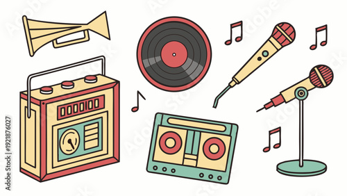 Retro Music Icons Set Vintage Boombox Vinyl Cassette Microphone for Nostalgic Party Web Design Promotion