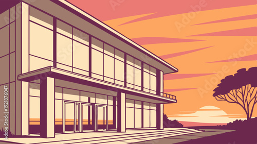 Modern Architecture Building Entrance at Sunset for Real Estate Development or Travel Destination Web Design