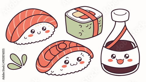 Cute Kawaii Sushi Rolls and Soy Sauce Bottle Characters for Happy Food Blog Design Menu Web Graphics