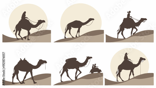 Desert Caravan Silhouette Camel Trekking Across Sand Dunes for Travel Adventure and Expedition Design Projects