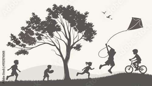 Silhouette of Happy Children Playing Outdoors Flying Kite Riding Bicycle Under Large Tree for Childhood Summer Recreation Web Design
